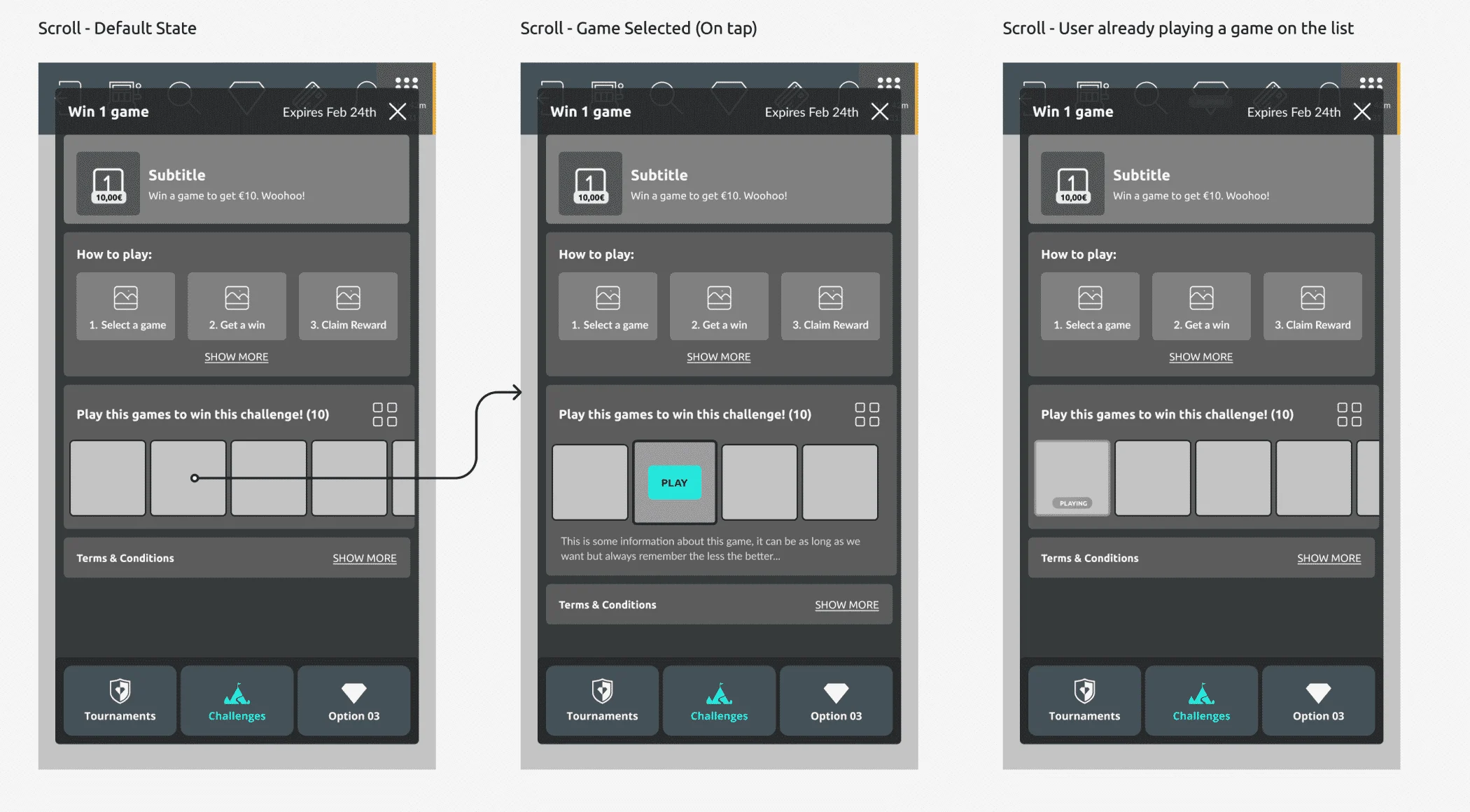 Three grey wireframes of a challenge screen: default state, a game selected and a game already being played.