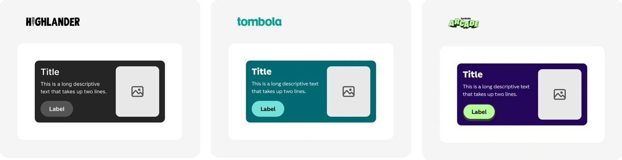 The same Card component in three brands, side by side: Highlander in dark grey, tombola in teal and tombola arcade in dark purple. Each card has a title, two lines of text, a label button and an image slot arranged identically.